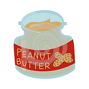 Peanut butter in glass jar with red label. Nutty creamy spread isolated on white background.