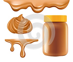 Peanut butter. Healthy breakfast caramel or chocolate butter sweet creamy dessert vector realistic collection