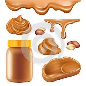 Peanut butter. Healthy dessert chocolate protein oily cream for sandwich spread caramel food vector realistic pictures