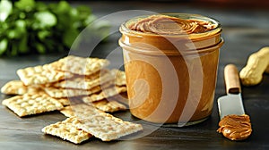 Peanut butter jar, crackers, dark wood table