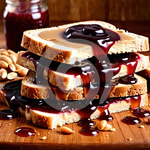 Peanut Butter and Jelly Sandwich, traditional classic snack meal sandwich with bread and peanut spread