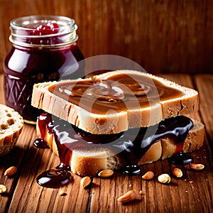 Peanut Butter and Jelly Sandwich, traditional classic snack meal sandwich with bread and peanut spread