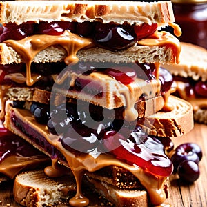 Peanut Butter and Jelly Sandwich, traditional classic snack meal sandwich with bread and peanut spread