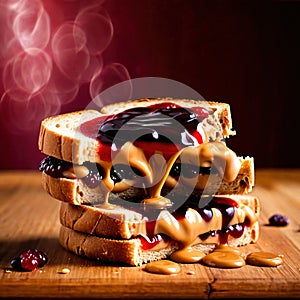 Peanut Butter and Jelly Sandwich, traditional classic snack meal sandwich with bread and peanut spread