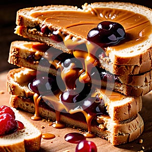 Peanut Butter and Jelly Sandwich, traditional classic snack meal sandwich with bread and peanut spread