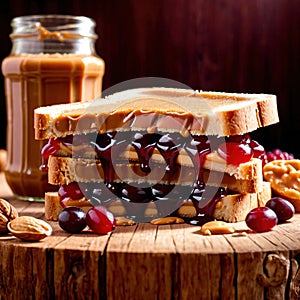 Peanut Butter and Jelly Sandwich, traditional classic snack meal sandwich with bread and peanut spread