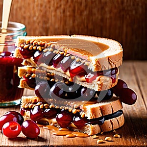 Peanut Butter and Jelly Sandwich, traditional classic snack meal sandwich with bread and peanut spread