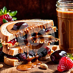 Peanut Butter and Jelly Sandwich, traditional classic snack meal sandwich with bread and peanut spread