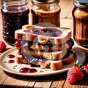 Peanut Butter and Jelly Sandwich, traditional classic snack meal sandwich with bread and peanut spread