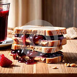 Peanut Butter and Jelly Sandwich, traditional classic snack meal sandwich with bread and peanut spread