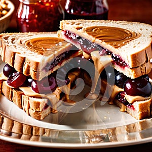 Peanut Butter and Jelly Sandwich, traditional classic snack meal sandwich with bread and peanut spread