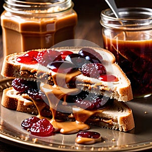 Peanut Butter and Jelly Sandwich, traditional classic snack meal sandwich with bread and peanut spread