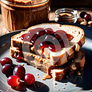 Peanut Butter and Jelly Sandwich, traditional classic snack meal sandwich with bread and peanut spread photo