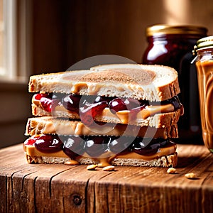 Peanut Butter and Jelly Sandwich, traditional classic snack meal sandwich with bread and peanut spread photo