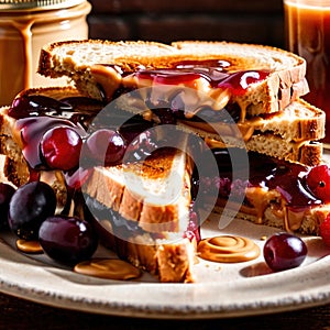 Peanut Butter and Jelly Sandwich, traditional classic snack meal sandwich with bread and peanut spread photo