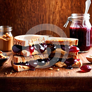 Peanut Butter and Jelly Sandwich, traditional classic snack meal sandwich with bread and peanut spread photo