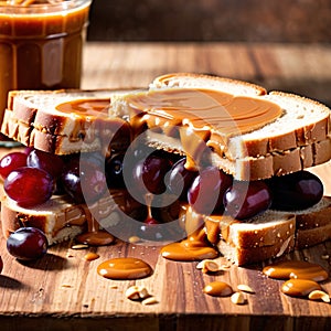 Peanut Butter and Jelly Sandwich, traditional classic snack meal sandwich with bread and peanut spread photo