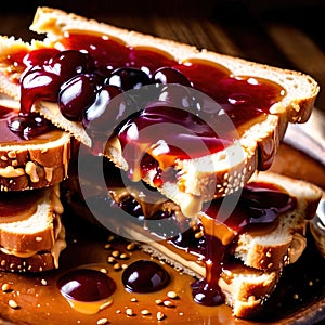 Peanut Butter and Jelly Sandwich, traditional classic snack meal sandwich with bread and peanut spread photo