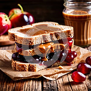 Peanut Butter and Jelly Sandwich, traditional classic snack meal sandwich with bread and peanut spread photo