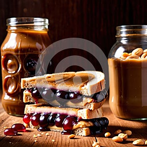 Peanut Butter and Jelly Sandwich, traditional classic snack meal sandwich with bread and peanut spread photo