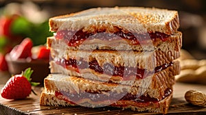 Peanut butter and jelly sandwich on wooden board. Close-up food photography