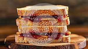 Peanut butter and jelly sandwich on wooden board. Close-up food photography