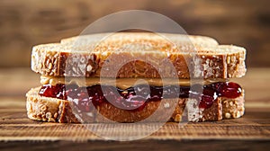 Peanut butter and jelly sandwich on wooden board. Close-up food photography