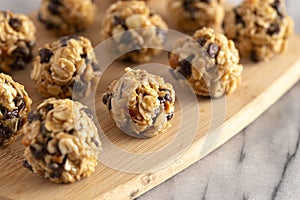 Peanut Butter and Oatmeal Energy Balls with Chocolate Chips Sweetened with Honey