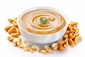 Peanut butter and peanuts in white cup on white background