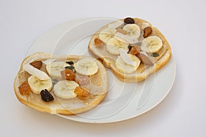 Peanut butter sandwich breakfast or snack on white background