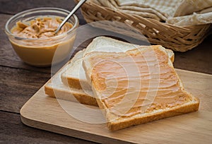 Peanut butter sandwich on wooden plate