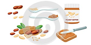 Peanut butter set, spoon, jar, knife sandwich, kernel. vector