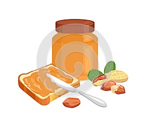 Peanut butter spread on piece of toast bread, knife, glass jar and heap of nuts isolated on white background.