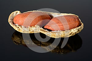 Peanut on glossy black surface with reflection. peanut with two kernels in open shell macro close-up, high resolution full depth