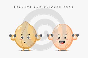 The peanut mascot and chicken egg lift the barbell