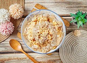 Peanut Noodle Tea Snowflake nimco in a dish top view on wooden table taiwan food