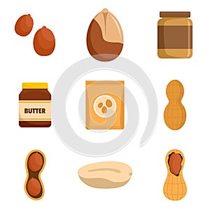 Peanut nuts butter jar icons set, flat style