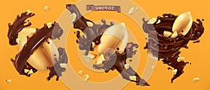 Peanut nuts and chocolate splashes. 3d vector