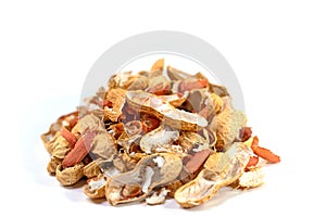 Peanut shells against a white background