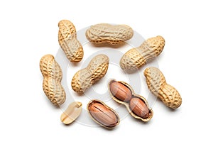 Peanuts (Arachis hypogaea) displayed against a white background.