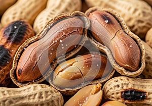Peanuts (Arachis hypogaea) with shells in a close-up view. Two