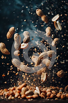 peanuts falling isolated on black background. Selective focus