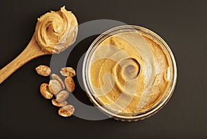 Peanuts and Fresh Peanut Butter Isoalted Black Background Protein Super Food Snack