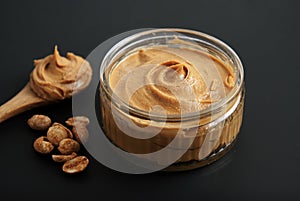 Peanuts and Fresh Peanut Butter Isoalted Black Background Protein Super Food Snack