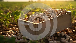 Peanuts harvested in a wooden box in a plantation with sunset.