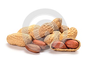 Peanuts isolated on white background. A group of shelled and unshelled nuts