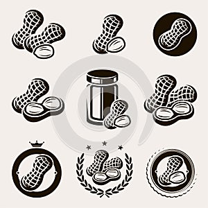 Peanuts label and icons set. Vector