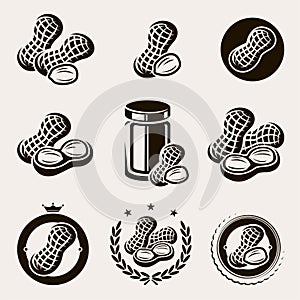 Peanuts label and icons set. Vector photo