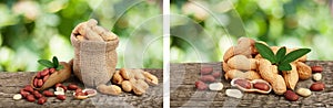peanuts with leaf in bag on old wooden table with a blurry garden background