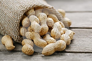 Peanuts in a miniature burlap bag on old, gray wooden surface